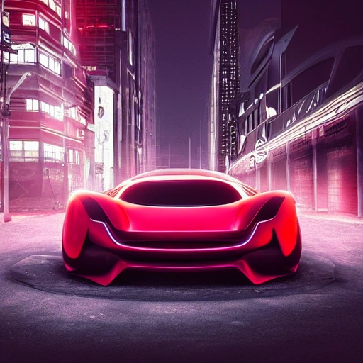 red concept car, car design, photography, automotive design, downtown, front view, 4k, concept, future, colorful, neon, fantasy, dramatic lighting, hyper detailed, hyper realistic detailed, white clean city, 3D