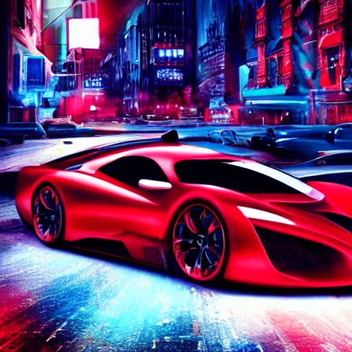 red concept car, car design, photography, automotive design, downtown, front view, 4k, concept, future, colorful, neon, fantasy, dramatic lighting, hyper detailed, hyper realistic detailed, white clean city, Oil Painting