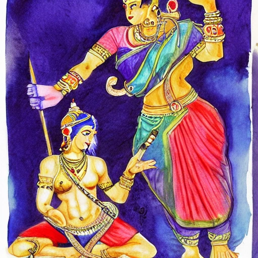 indian goddess fighting a demon, Water Color