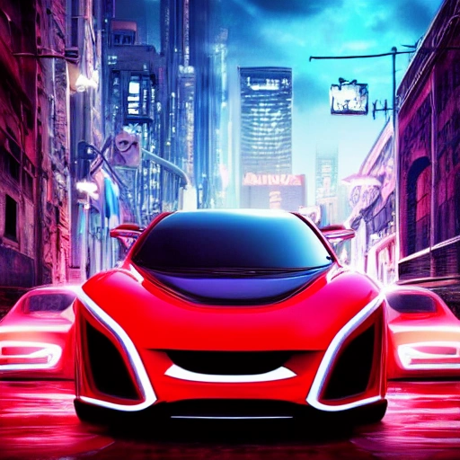 red concept car, car design, photography, automotive design, downtown, front view, 4k, concept, future, colorful, neon, fantasy, dramatic lighting, hyper detailed, realistic detailed, white clean city, Water Color
