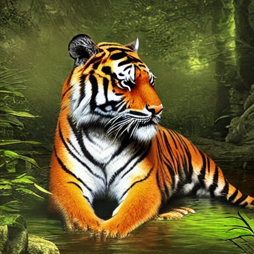 Tiger seated in a jungle, 3D