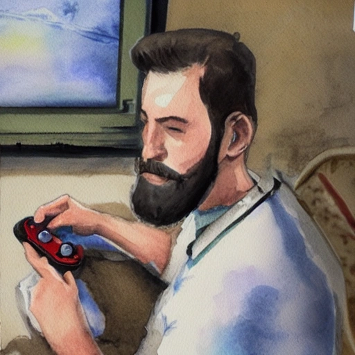 Guy whit small beard playing videogames
, Water Color