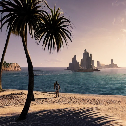 hyperrealistic, sharp, detailed, 4k, deserted beach, technologically advanced cyberpunk beach with a balance of serenity and dystopian chaos captured in 8k ultra-quality detail, surrounded by towering cliffs and palm trees with a dazzling reflection on calm ocean waters and towering skyscrapers in the distance, 3D