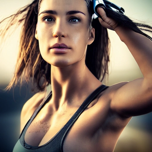 side close up portrait of fitness girl with wireless bone conduction headphone, steampunk, windblown long hair, detailed face, spotlight, steampunk city, multicolored, hyperrealistic, photografic, 8k, epic ambient light, octane render