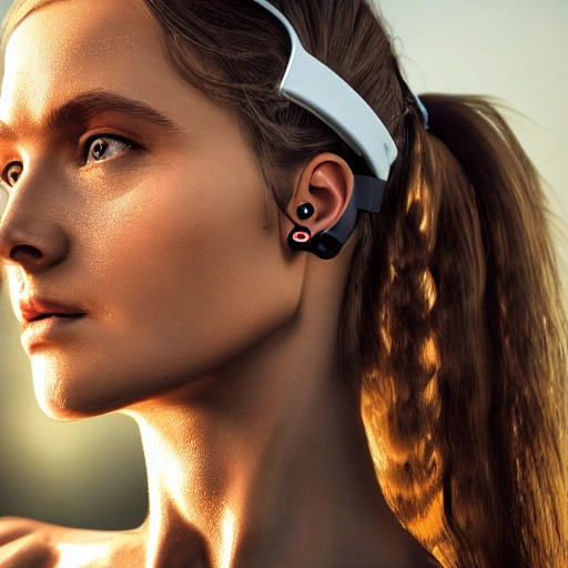 side close up portrait of fitness girl with wireless bone conduction headphone, windblown long hair, detailed face, spotlight,hyperrealistic, 8k, epic ambient light, octane render