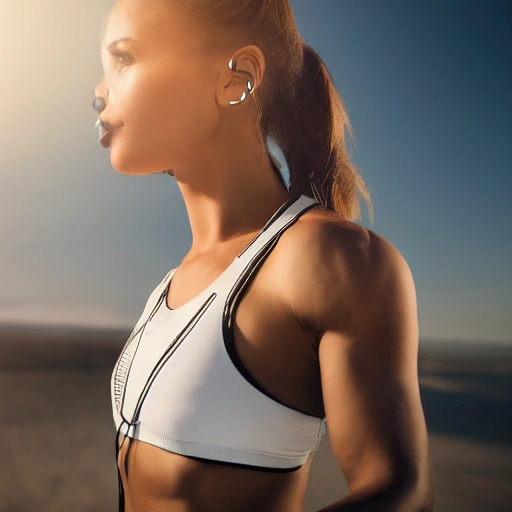 side mid shot portrait of fitness girl with wireless bone conduction headphone running on beach, windblown long hair, detailed face, spotlight, hyperrealistic, 8k, epic ambient light, octane render, depth of field