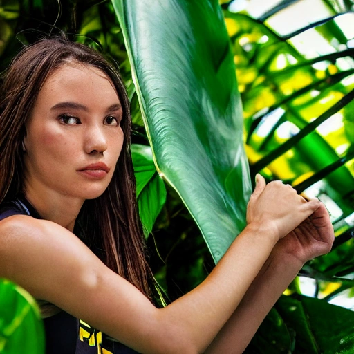 close-up low angle photo of an smart athlete wearing sports clothes in dense jungle filled with exotic plants in a commercial pose, the sunlight filtering through the canopy, beautiful lighting, realistic, intricate, highly detailed, sharp focus on face, depth of field, f/1.8, 85mm, professionally colour graded, detailed face, spotlight, hyperrealistic, 8k, epic ambient light, octane render, depth of field