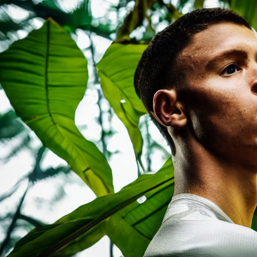 low angle sports photographic photo of an smart athlete wearing sports clothes in dense jungle filled with exotic plants, the sunlight filtering through the canopy, beautiful lighting, realistic, intricate, highly detailed, sharp focus on face, depth of field, f/1.8, 85mm, professionally colour graded, detailed face, spotlight, hyperrealistic, 8k, epic ambient light, octane render, depth of field