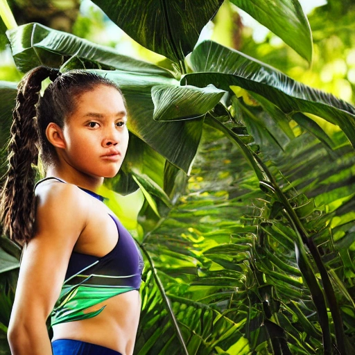 close-up low angle photo of an smart girl athlete wearing sports wear in dense jungle filled with exotic plants in a commercial pose, the sunlight in the background, beautiful lighting, realistic, intricate, highly detailed, sharp focus on face, depth of field, f/1.8, professionally colour graded, ultra wide tele photo