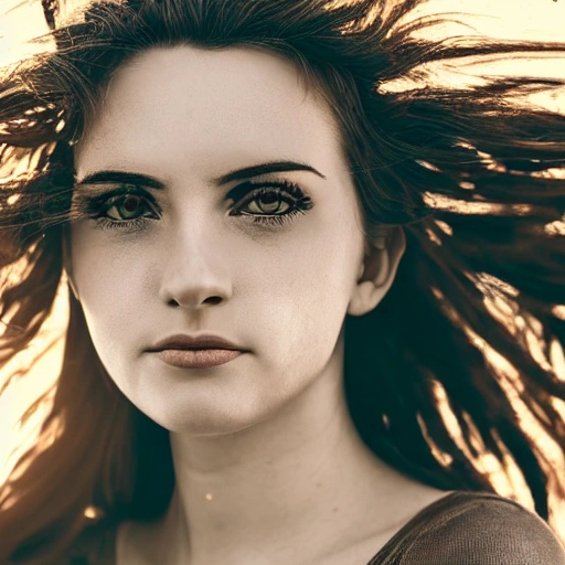 detailed, close up portrait of girl standing in a steampunk city with the wind blowing in her hair, cinematic warm color palette, spotlight, perfect symmetrical face