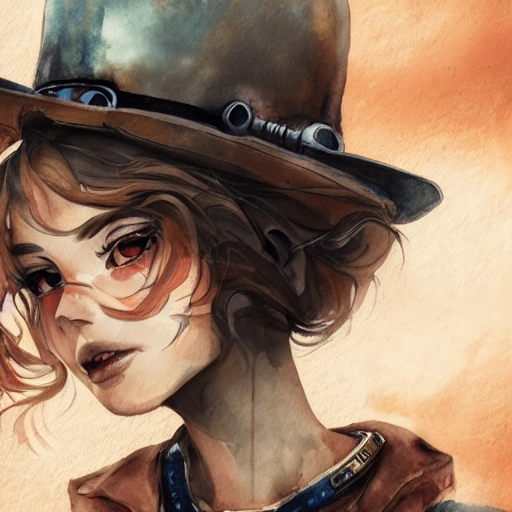 detailed, close up portrait of girl standing in a steampunk city with the wind blowing in her hair, cinematic warm color palette, spotlight, perfect symmetrical face, Water Color, Water Color