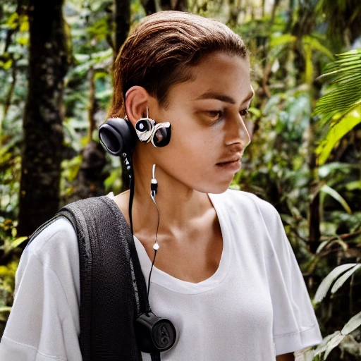 model wearing mifo wireless earbuds in a deep jungle with sunlight leaking from trees in background, depth of field, sharp focus on ears, long dark hairs,  