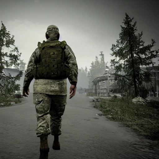 Logo, army, one men, from the profile, just halp body from head to little under shoulders, beard, little older, escape from tarkov 