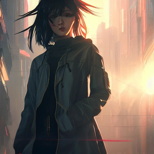 arcane style, cyberpunk girl wearing an open jacket, detailed portrait, cell shaded, 4 k, concept art, by wlop, ilya kuvshinov, artgerm, krenz cushart, greg rutkowski, pixiv. cinematic dramatic atmosphere, sharp focus, volumetric lighting, cinematic lighting, studio quality