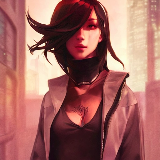 arcane style, cyberpunk girl wearing an open jacket, detailed portrait, cell shaded, 4 k, concept art, by wlop, ilya kuvshinov, artgerm, krenz cushart, greg rutkowski, pixiv. cinematic dramatic atmosphere, sharp focus, volumetric lighting, cinematic lighting, studio quality