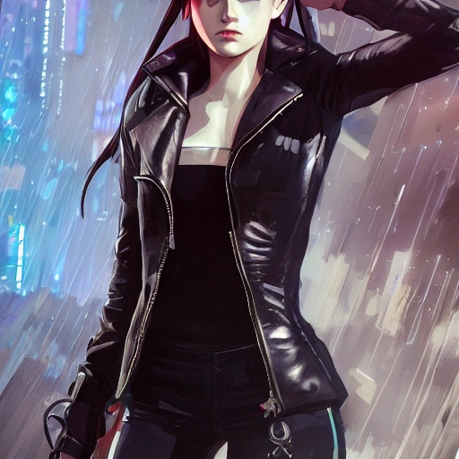 arcane style, cyberpunk girl wearing a leather jacket, detailed portrait, cell shaded, 4 k, concept art, by wlop, ilya kuvshinov, artgerm, krenz cushart, greg rutkowski, pixiv. cinematic dramatic atmosphere, sharp focus, volumetric lighting, cinematic lighting, studio quality