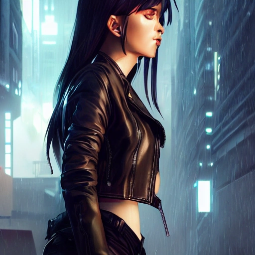 arcane style, cyberpunk girl wearing a leather jacket, detailed waist up portrait, cell shaded, 4 k, concept art, by wlop, ilya kuvshinov, artgerm, krenz cushart, greg rutkowski, pixiv. cinematic dramatic atmosphere, sharp focus, volumetric lighting, cinematic lighting, studio quality