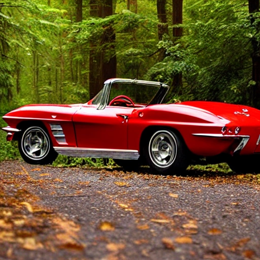 1962 Candy Apple Red Chevy Corvette, convertible, huge  rear tires, hyper realism, parked in a forest during a storm. 
