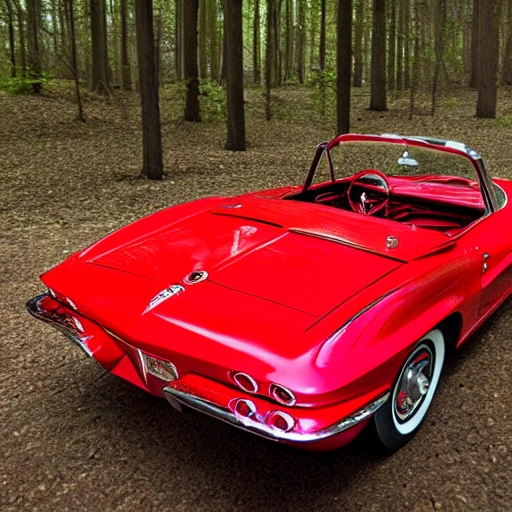 1962 Candy Apple Red Chevy Corvette, 3/4 front view, light-painted from above convertible, huge  rear tires, hyper realism, parked in a forest during a storm. 
