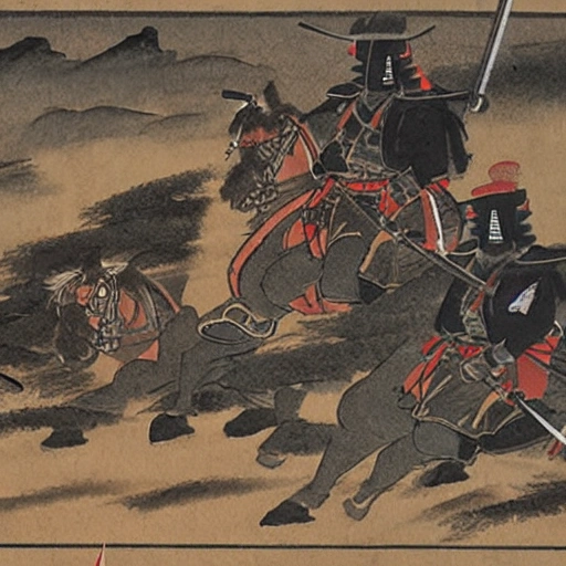 Visualize a powerful samurai in the midst of an important historical moment, displaying their skill and bravery as they make a decisive move that will change the course of history