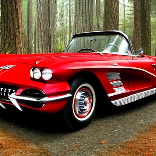 1962 Candy Apple Red Chevy Corvette, front view showing grill & side of car, light-painted from above convertible, huge  rear tires, hyper realism, parked in a forest during a storm. 
