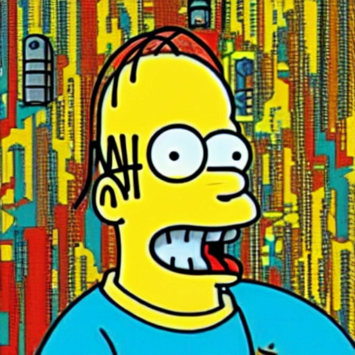 Homer Simpson in the style of a cyberpunk painting