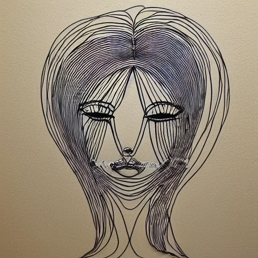 elegant minimalist metal wire art of symmetrical and emotional dramatic female facial features and silhouette, influenced by one line drawings, curves, twirls and spirals