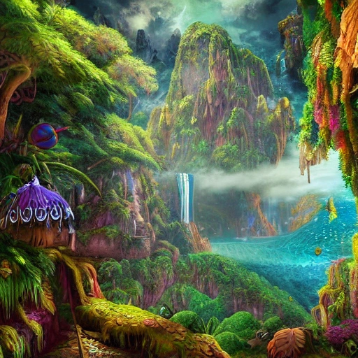 dreaming about a fantasy world with jungle and moutain floating in the sky and watefall falling in the sky, very detailed art world psychédélique deep color, 8k ultra,, 3D, Trippy