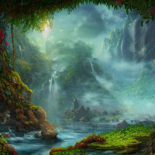 dreaming about a fantasy world with jungle and moutain floating in the sky and watefall falling in the sky, very detailed art world psychédélique deep color, 8k ultra,