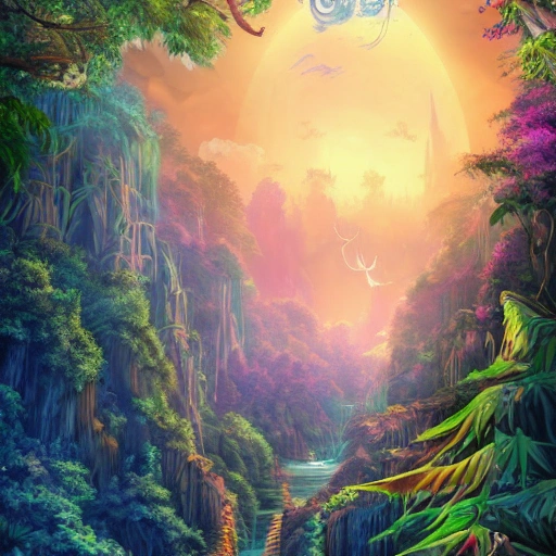 dreaming about a fantasy world with jungle and moutain floating in the sky and watefall falling in the sky, very detailed art world psychédélique deep color, 8k ultra,, Cartoon