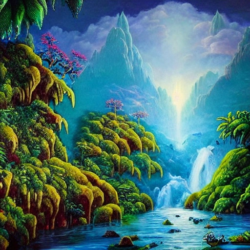 dreaming about a fantasy world with jungle and moutain floating in the sky and watefall falling in the sky, very detailed art world psychédélique deep color, 8k ultra,, Oil Painting