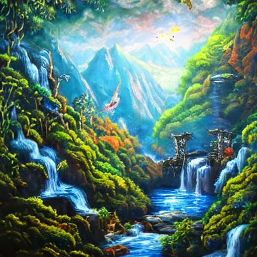 dreaming about a fantasy world with jungle and moutain floating in the sky and watefall falling in the sky, very detailed art world psychédélique deep color, 8k ultra,, Oil Painting