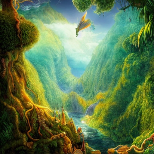 dreaming about a fantasy world with jungle and moutain floating in the sky and watefall falling in the sky, very detailed art world psychédélique deep color, 8k ultra,, , Cartoon