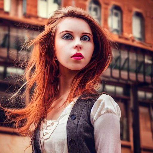 detailed, close up portrait of girl standing in a steampunk city with the wind blowing in her hair, cinematic warm color palette, spotlight, perfect symmetrical face