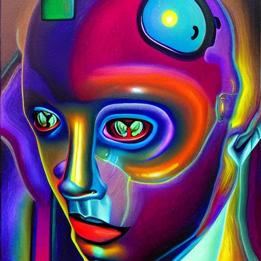 artificial intelligence, half human, half android, Trippy, Oil Painting