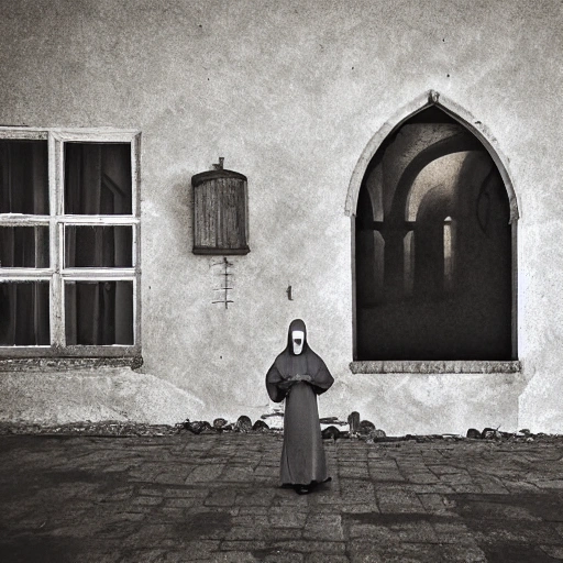 ghost of a dominican nun, becamoing parcicles of ash, floating, background of old house, low light, 