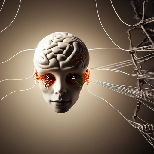 complex 3d render ultra detailed of a beautiful porcelain human brain, cyborg, ,man, robotic parts, 150 mm, beautiful studio soft light, rim light, vibrant details, luxurious cyberpunk, lace, hyperrealistic, cable electric wires, microchip, elegant, beautiful background, octane render, H. R. Giger style, 8k