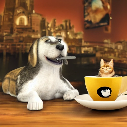 perro y gato tamando cafe en la luna, 3D