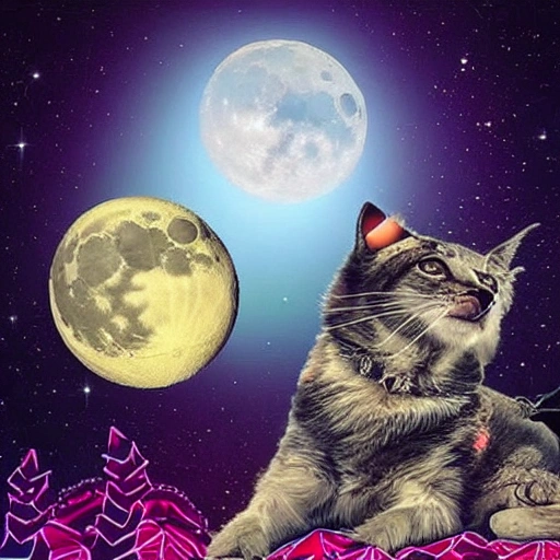 perro y gato riendo en la luna, Trippy