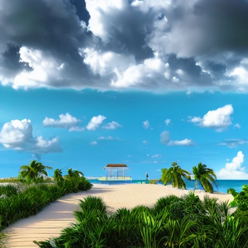 future island, Caribbean, sunny day, clouds in sky, birds sitting on sand, modern house on beach, 8k, hyperrealistic, 3d