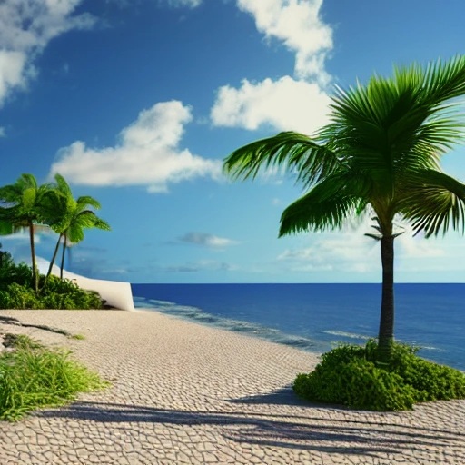 future island, Caribbean, sunny day, clouds in sky, birds sitting on sand, modern house on beach, 8k, hyperrealistic, 3d, render