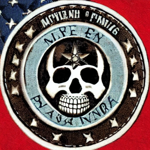 military logo, circle with black skull, teeth sticking out, fire in mouth of skull, letters embedded into circle HOORAH