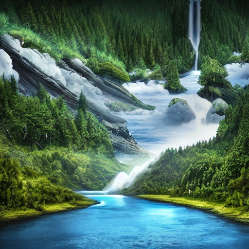 HYPER-REALISTIC  DREAM scenery, no humans, cloud, mountain, sky, nature, waterfall (PERFECT COMPOSITION), outdoors, water, (Tree, DETAILED), landscape, forest, river, g.png, LIVING COLORS,  by Charles Gregory Artstation and Antonio Jacobsen and Edward Moran, (long shot), clear blue sky, intricated details, 8k, SHARP, HIGH DETAILED, SURREAL, Oil Painting