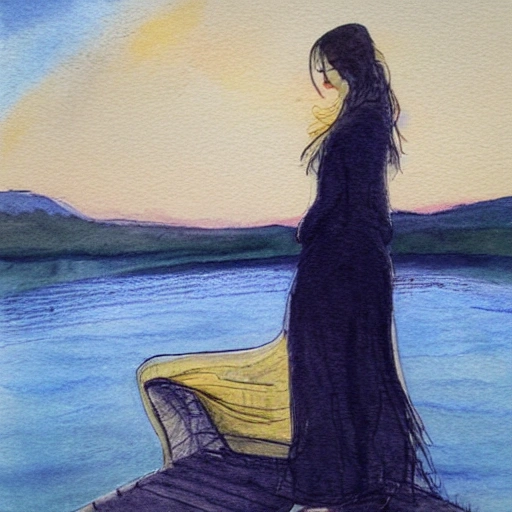 mujer en el lago por la noche estilo acuarela

