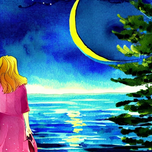 4K digital painting in the style of watercolor. a woman coming out of the lake watching the moon in the sky. Trending on artstation
