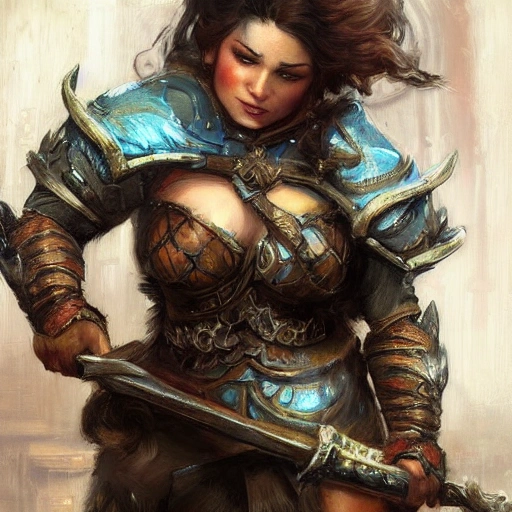 Detailed fantasy artwork of a dwarf woman from dragon age|detailed face|cleavage| Art by Pino Daeni|high quality ornated armor|