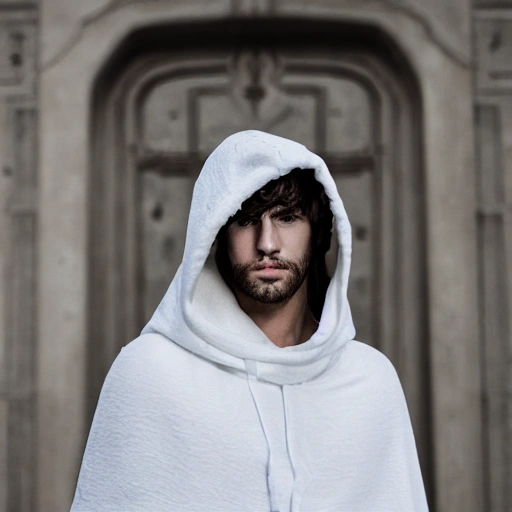 white cloak, hooded hero, fit, athletic, smooth skin, symmetrical, male, masculine, long curly hair, blonde voluminous hair, symmetrical face, jawline, proportionate facial features, 4k, boca, ((highly detailed)), depth of field, ((professionally color graded))