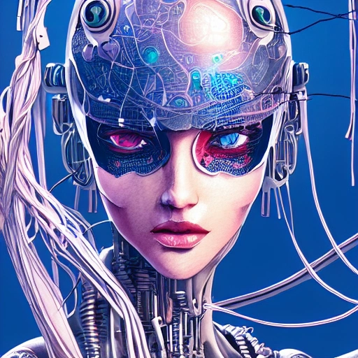  trending on artstation, ultra detailed of a beautiful woman, watercolor style, cyborg, robotic parts,  vibrant details, luxurious cyberpunk, lace, cable electric wires, microchip, elegant, blue eyes