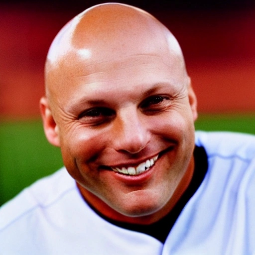 draw a professional portrait close up photo of Cal Ripken Jr. smiling after a baseball game with stadium lights illuminating the background