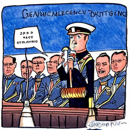 draw a picture of a Space Force General speaking into a microphone at a large gathering. Cartoon